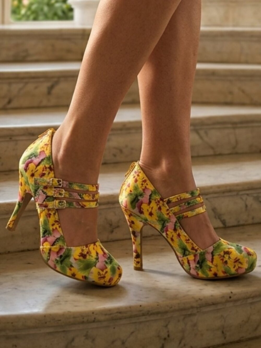 Qupid Pansy Floral Triple-Strap High Heels in Yellow Pink Green